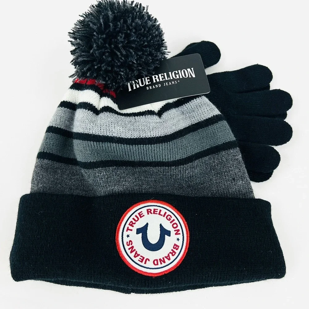 NWT True Religion Kids Hat & Gloves 2-Pieces Set Black Grey Logo‎ Front One Size
